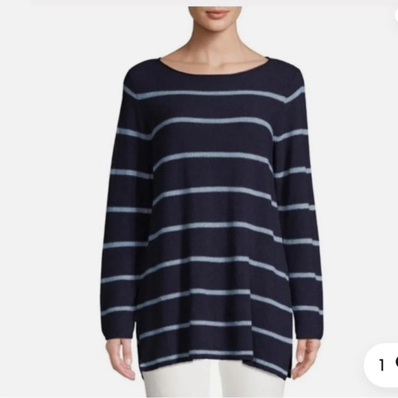 EILEEN FISHER Midnight Blue Striped Alpaca Blend Knit Sweater - Picture 2 of 9